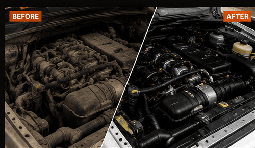 Engine bay before and after a MegaPits service
