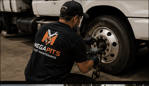 MegaPits technician torquing a semi-truck wheel