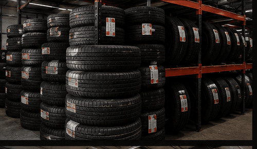 Rack of tires stocked at MegaPits