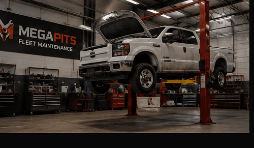 Fleet truck up on the lift for a MegaPits inspection