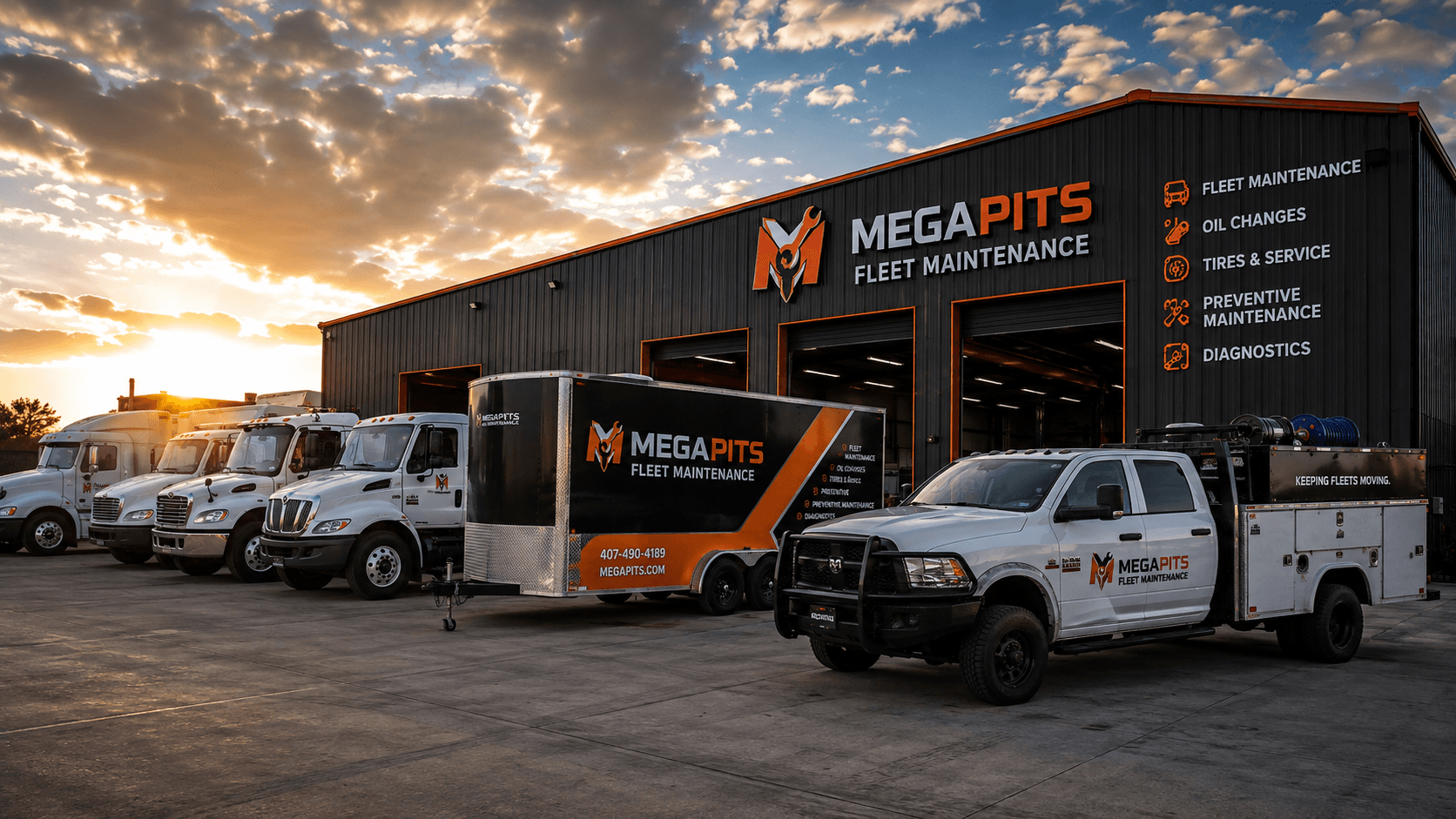 MegaPits fleet trucks and service trailer staged at dusk