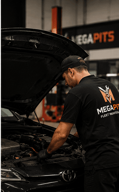 MegaPits technician servicing a personal vehicle engine bay at a Central Florida driveway