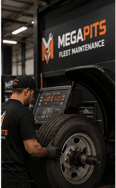 MegaPits technician balancing a commercial tire on a mobile service call in Central Florida